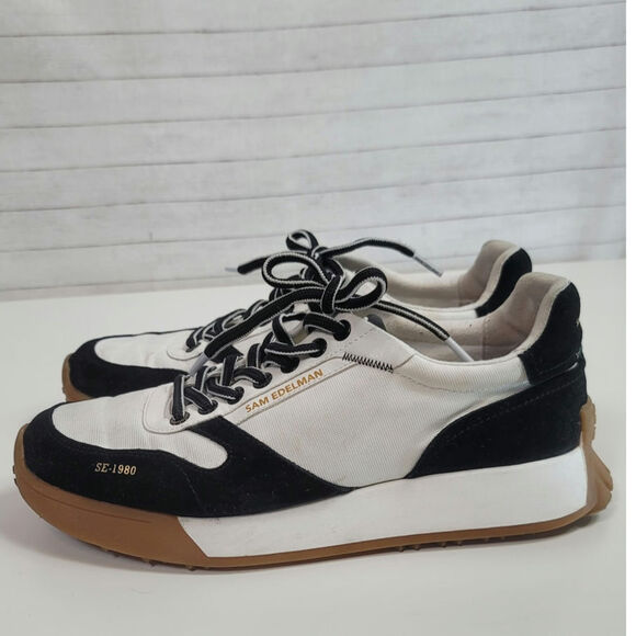 SAM EDELMAN LAYLA SNEAKER IN BLACK/WHITE SUEDE, SZ 10 - Picture 1 of 16